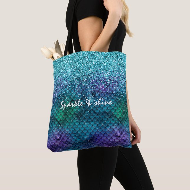 Teal Aqua Purple Mermaid Sparkle Glitter Tote Bag (Close Up)