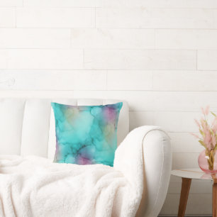 Teal Aqua Purple Watercolor Marble Fluid Art Cushion