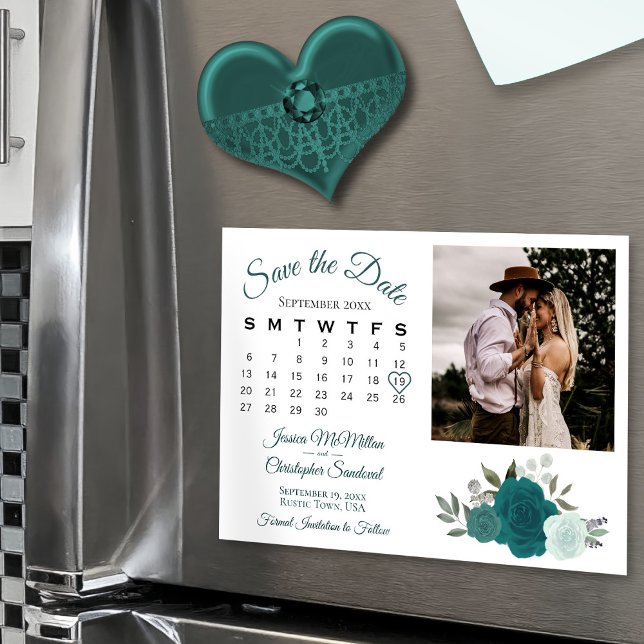 Teal & Aqua Roses Calendar & Photo Save the Date Magnetic Invitation (Magnetic for Easy Display!)