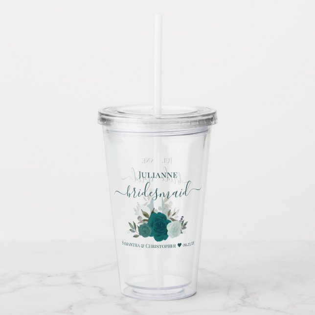 Teal & Aqua Roses Elegant Bridesmaid Wedding Acrylic Tumbler (Front)