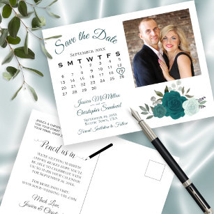 Teal & Aqua Roses Photo & Calendar Save the Date Announcement Postcard
