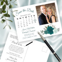 Teal & Aqua Roses Photo & Calendar Save the Date