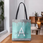 Teal Aqua Silver Glitter Sparkle Elegant Monogram Tote Bag<br><div class="desc">Luxury Silver and Teal Aqua Blue Faux Sparkle and Glitter Metallic Stainless Steel Foil Elegant Monogram Book Bag. This Book Bag can be customised to include your initial and first name and given as a gift for Christmas,  Sweet 16 Birthday,  Bridal Shower or a Wedding.</div>