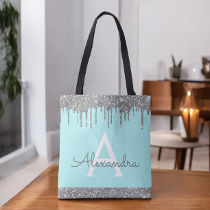 Teal Aqua Silver Glitter Sparkle Elegant Monogram  Tote Bag