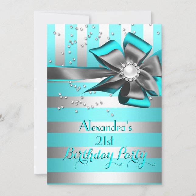 Teal Aqua Silver Stripe Bow Pearl Birthday Party 2 Invitation (Front)