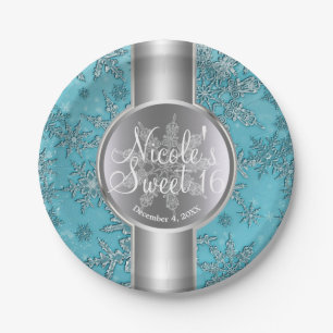 Teal Aqua Snowflakes Winter Wonderland Party Paper Plate