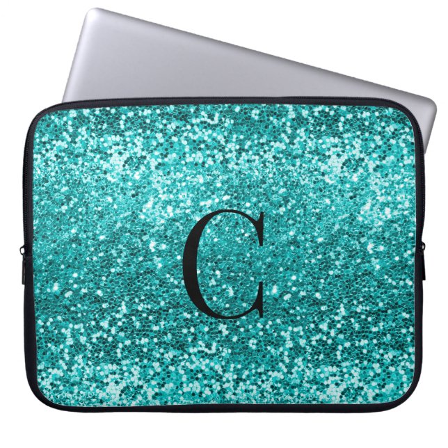 Teal Aqua Turquoise Glitter Sparkle Monogram Laptop Sleeve (Front)