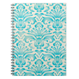 Teal Aqua Watercolor Damask Ombre Blue Print Spiral Notebook