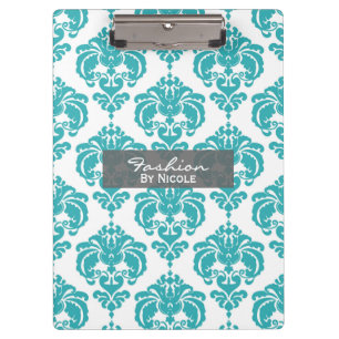 Teal Aqua White Damask Chic Glam Personalised Clipboard