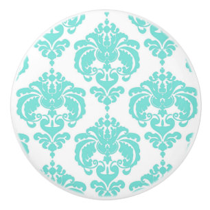 Teal Aqua White Damask Elegant Bedroom Dresser Ceramic Knob