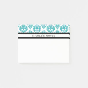 Teal Aqua White Damask Pattern Modern Personalised Post-it Notes