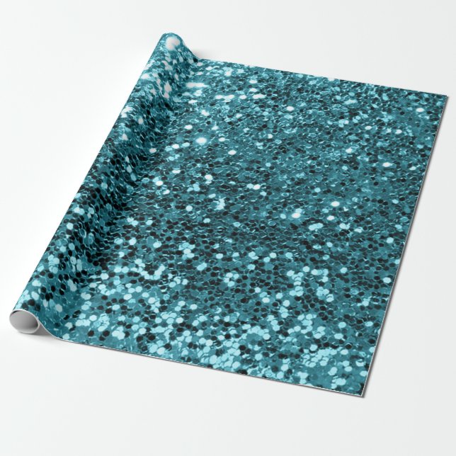 Teal Aquatic Sequin Glitter Shiny Effect Wrapping Paper (Unrolled)
