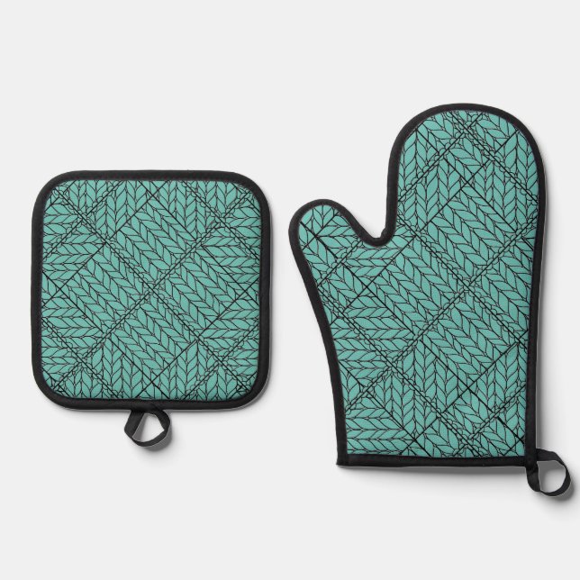 TEAL ARGYLE KNIT Oven Mitt & Pot Holder Set (Front)