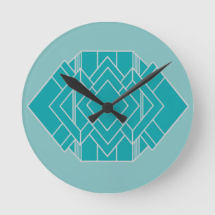 Teal Art Deco Quilt Inspired Round Clock