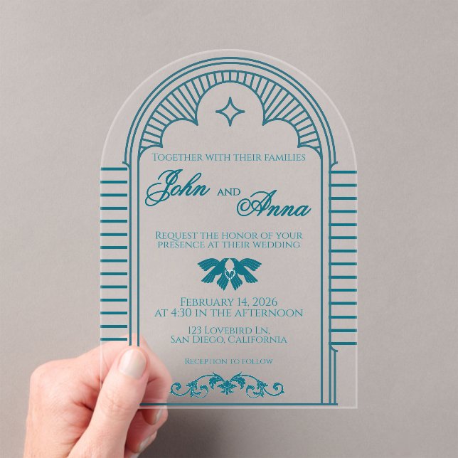 Teal Art Deco Vintage Clear Wedding Invitation (Insitu (Handheld))