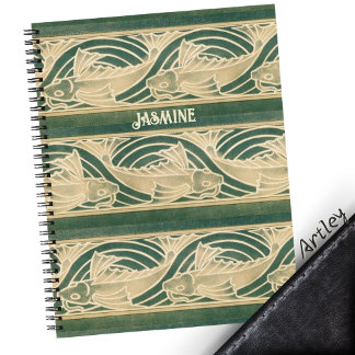 Teal Art Nouveau Fish in Waves Custom Name Notebook