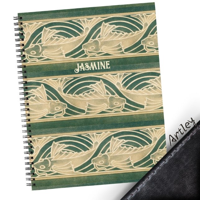 Teal Art Nouveau Fish in Waves Custom Name Notebook (Creator Uploaded)