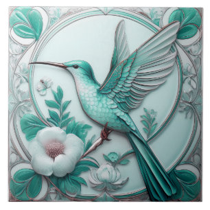 Teal Art Nouveau floral hummingbird faux relief Tile