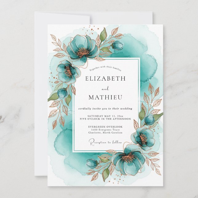 Teal Artistic Bloom Wedding Invitation (Front)