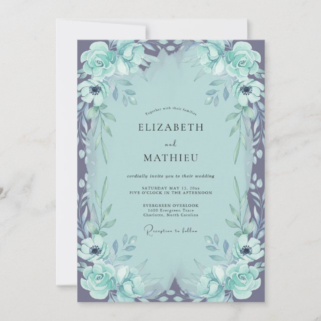 Teal Artistic Floral Romance Wedding Invitation (Front)