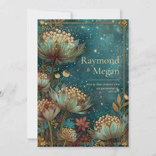 Teal Astrantia Glow Emerald Celestial Wedding Invitation (Front)