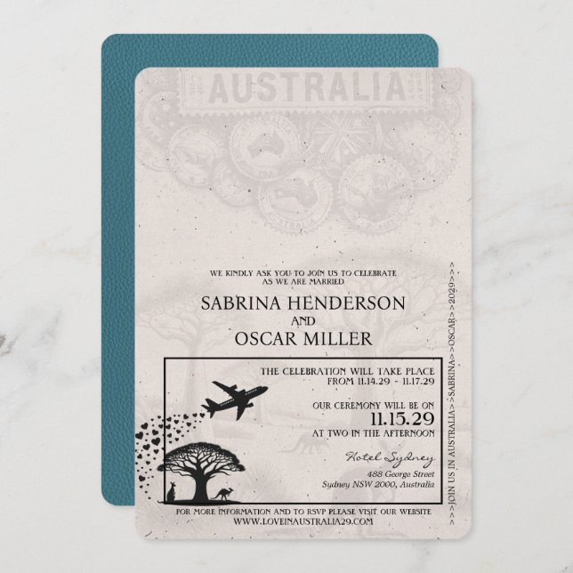 Teal Australia Passport Wedding Invitation (Front/Back)