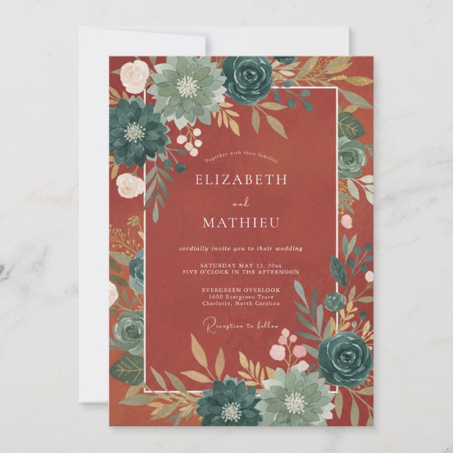 Teal Autumn Floral Accent Wedding Invitation (Front)