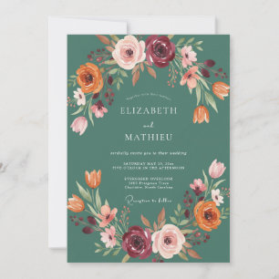 Teal Autumn Floral Flourish Wedding Invitation
