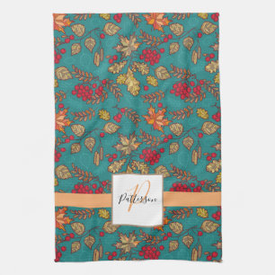Teal Autumn Foliage Family Name Tea Towel