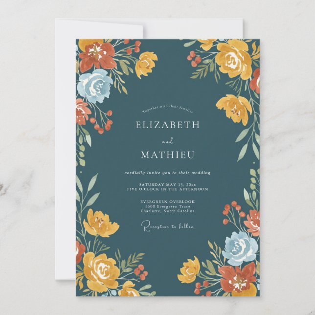 Teal Autumnal Floral Wedding Invitation (Front)
