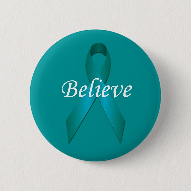 Teal Awareness Ribbon Believe Button (Front)