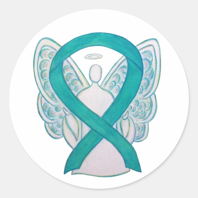 Teal Awareness Ribbon Custom Angel Sticker Decals (Front)