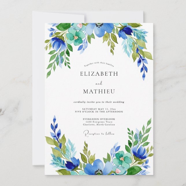 Teal Azure Harmonious Botanical Wedding Invitation (Front)