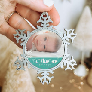 Teal Baby First Christmas Snowflake Photo Snowflake Pewter Christmas Ornament