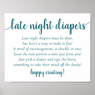 Teal Baby Shower   Aqua Late Night Diapers Sign