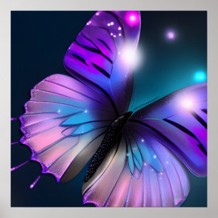 Teal Background Purple Butterfly Poster