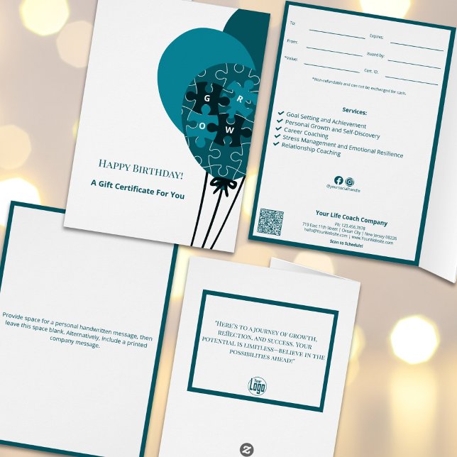 Teal Balloon SMB Happy Birthday Gift Certificate (Teal Balloon SMB Happy Birthday Gift Certificate, To, From, Value, Expiry, By, Tracking ID, Terms)