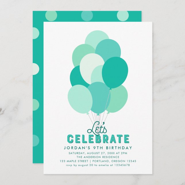 Teal Balloons Any Age Birthday Party Invitation (Front/Back)