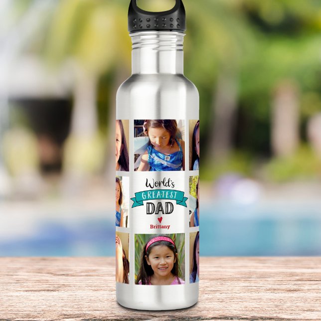 Teal Banner Photo DYI Collage World’s Greatest Dad 710 Ml Water Bottle (Creator Uploaded)