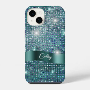 Teal Banner Sparkle Blue Gem Glam iPhone 14 Case
