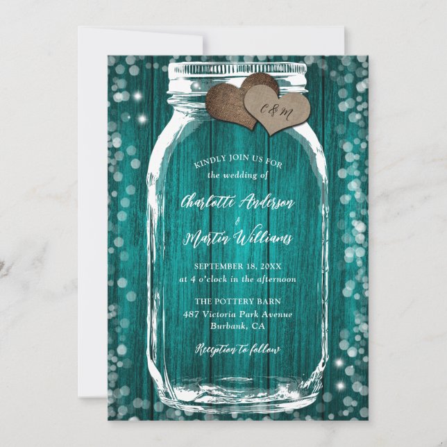 Teal Barn Wood Hearts Mason Jar Wedding Invitation (Front)