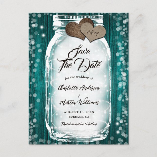 Teal Barn Wood String Lights Mason Jar Wedding Announcement Postcard (Front)