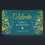 Teal Bat Mitzvah Gold Foil Script Tree of Life Banner<br><div class="desc">Be proud, rejoice and showcase this milestone of your favourite Bat Mitzvah! Hang up this stunning, modern, stylish, personalised banner to add to her special day. Sparkly, gold, faux foil calligraphy script, light pink typography, and two abstract, graphic, gold foil trees with sparkly turquoise, teal, purple and blue Star of...</div>