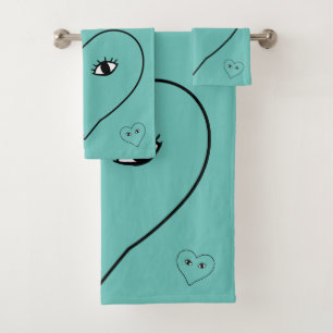 Teal Bathroom Abstract Art Heart Bath Towel Set