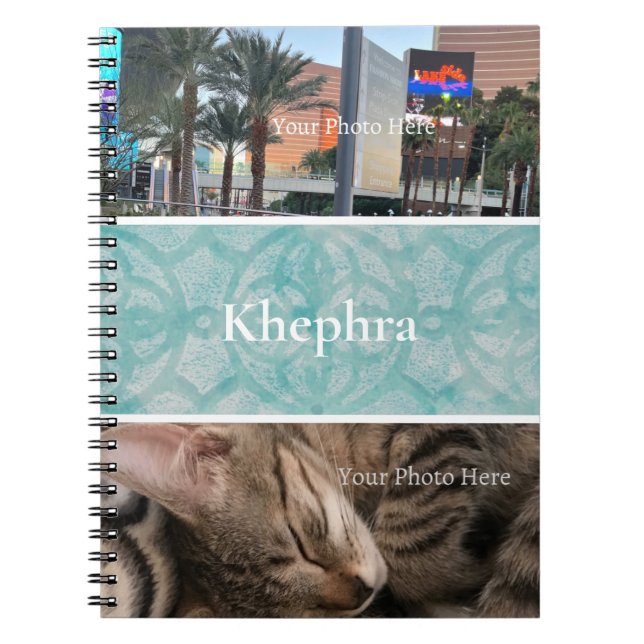 Teal Batik Photo Collage, Border, Name  Notebook (Front)