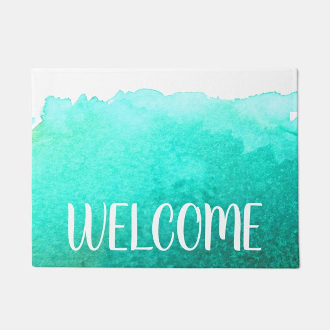 Teal beach house ocean theme welcome mat (Front)