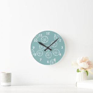 Teal beach house sand dollar shells wall clock