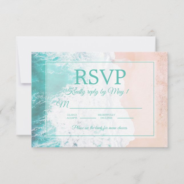 Teal Beach Ocean Sand Wedding RSVP #2 Card (Front)