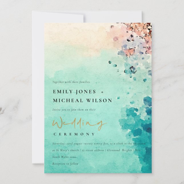 TEAL BEACH SAND ROCK WATERCOLOR WEDDING INVITE (Front)
