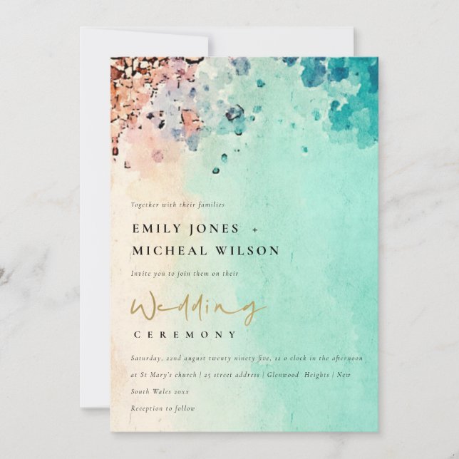 TEAL BEACH SAND ROCK WATERCOLOR WEDDING INVITE (Front)